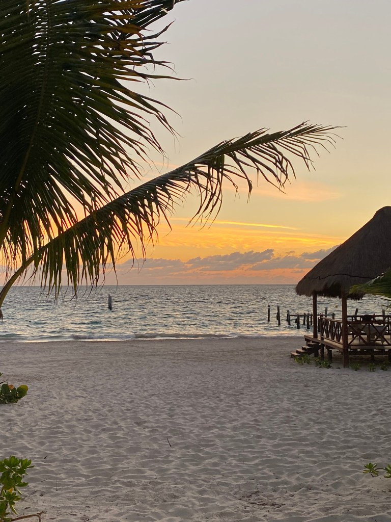 Sunrise over a white sand beach. The sky is still mostly light grey, with streaks of yellow and orange just above the water. The view is framed by a few fronts form a palm tree at left, and the edge of a thatch-roofed platform at right.