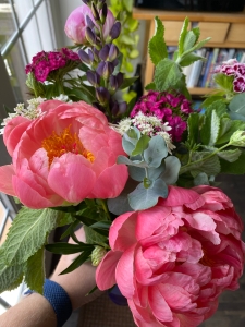 A bouquet of hot pink poppies in bloom, with various greens and some additional flowers in dark pink.